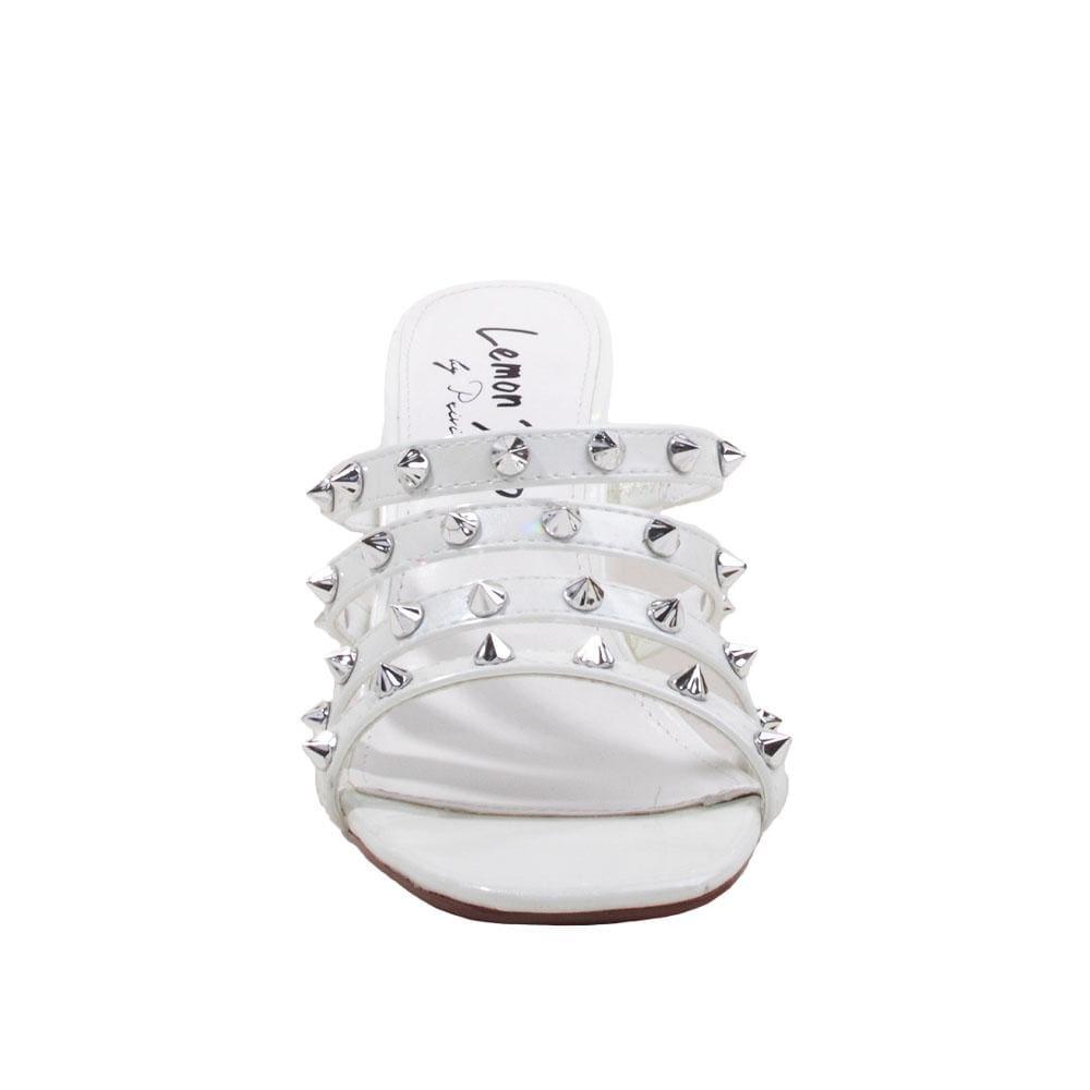 Vegan leather square heel women sandals with studs in white-front view
