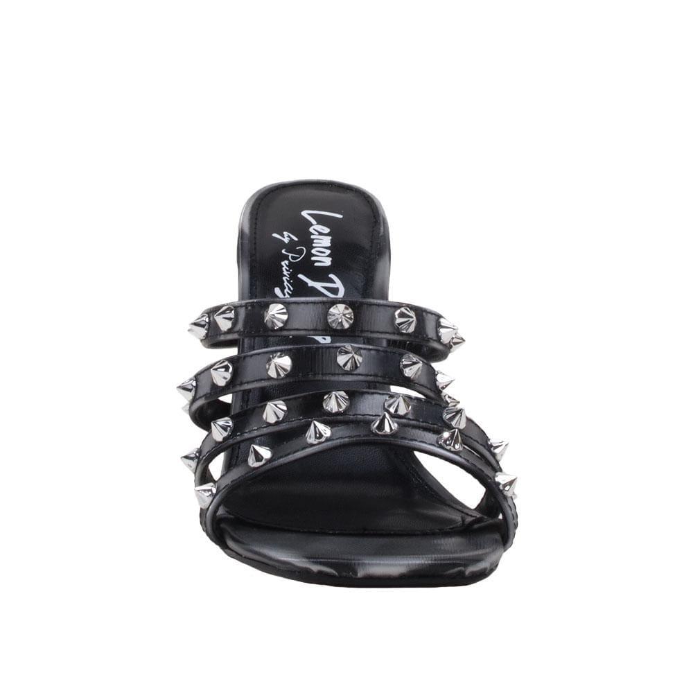 Vegan leather square heel women sandals with studs in black-front view