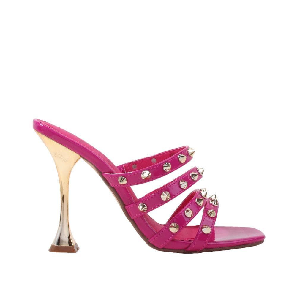 Vegan leather square heel women sandals with studs in fuchsia-side view