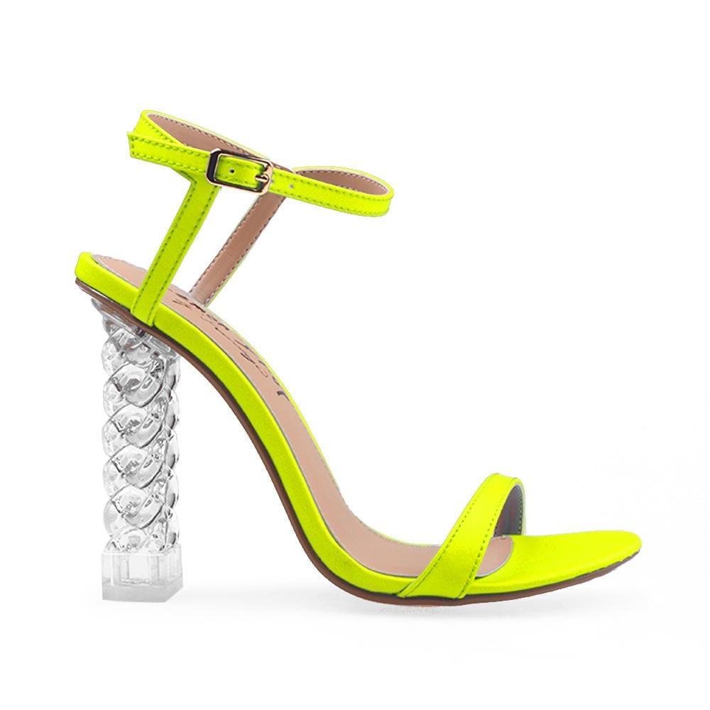 Heels in neon yellow color with diamond block and ankle buckle closure