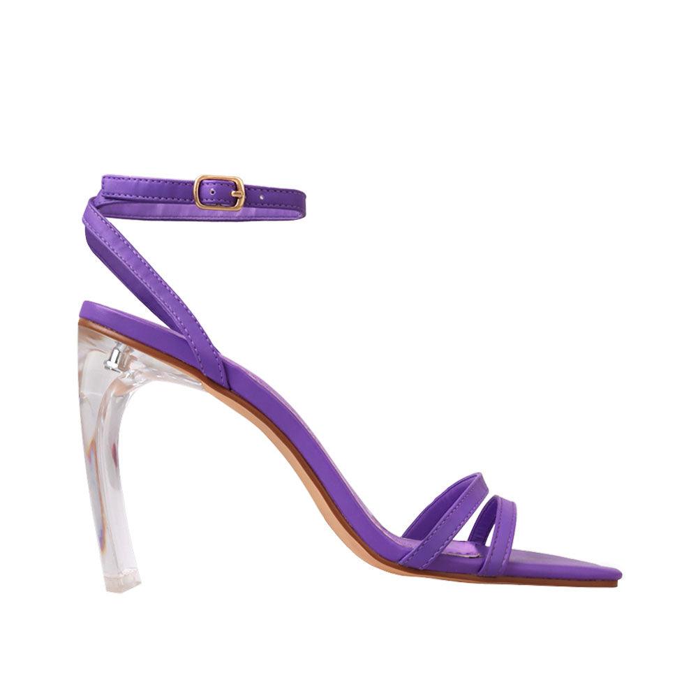 Women's transparent heels with purple upper and ankle buckle clasp