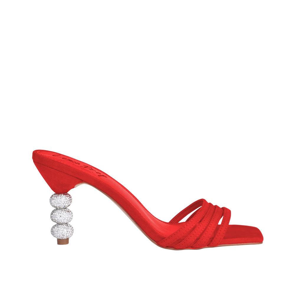 Open-toed red colored beaded heels with slip-on style