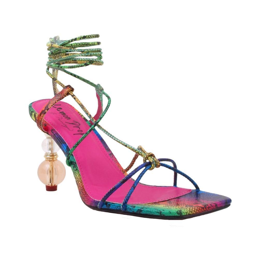 Rainbow lace front women's sandals with jewel decorated heel-corner view