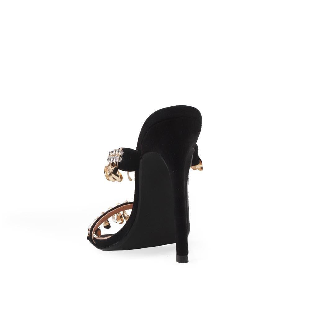 Black vegan patent leather women's heel embellished with gold metallic charms-posterior view