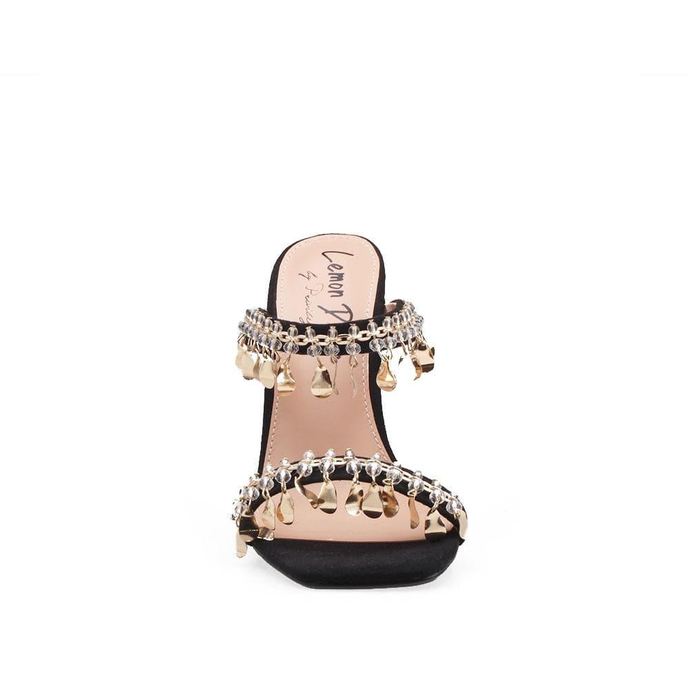 Black vegan patent leather women's heel embellished with gold metallic charms-front view