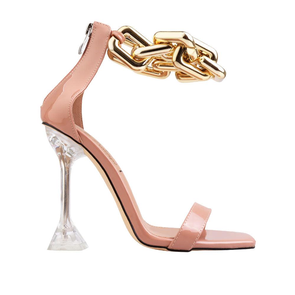 Synthetic soled, vegan leather women's sandal heel with heavy chain detailing in nude-side view