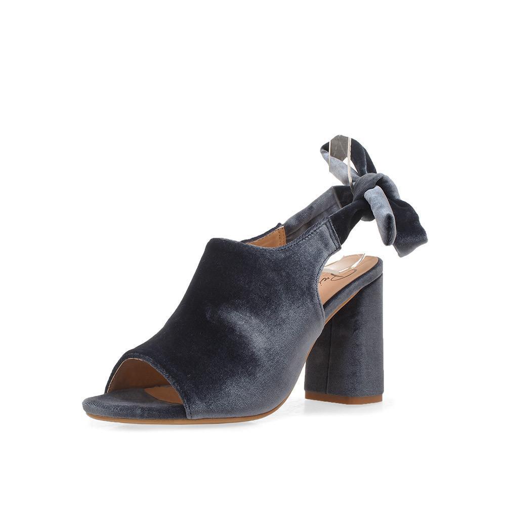 Grey velvet heels with bow knot closure for women-corner view