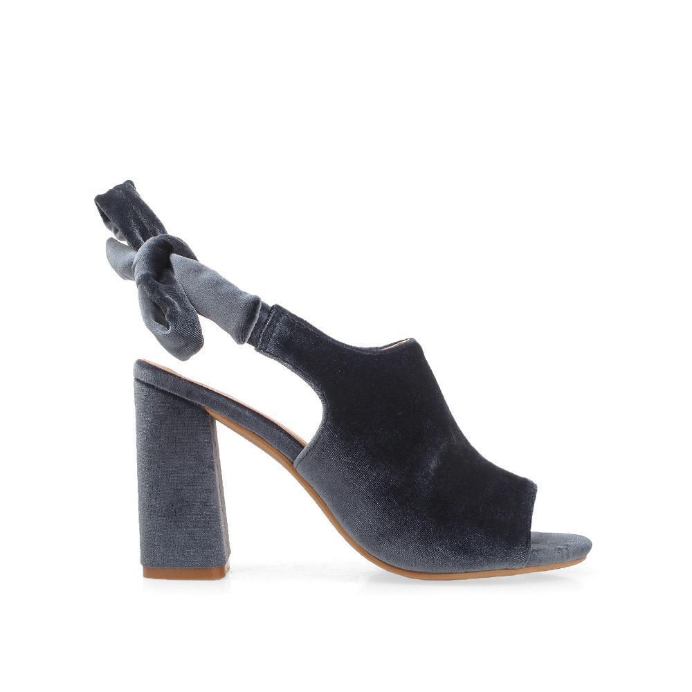 Grey velvet heels with bow knot closure for women-side view