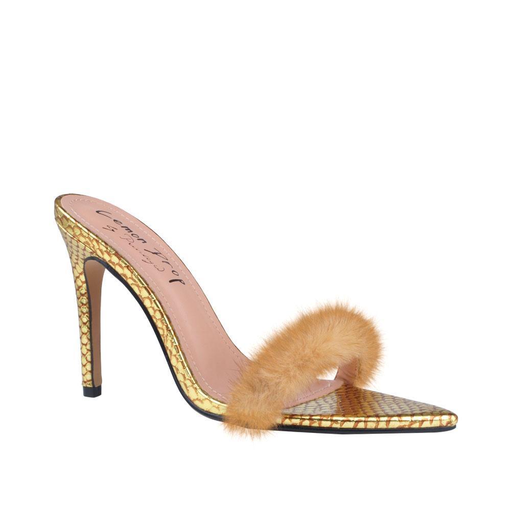 Gold women heel with faux fur-corner view