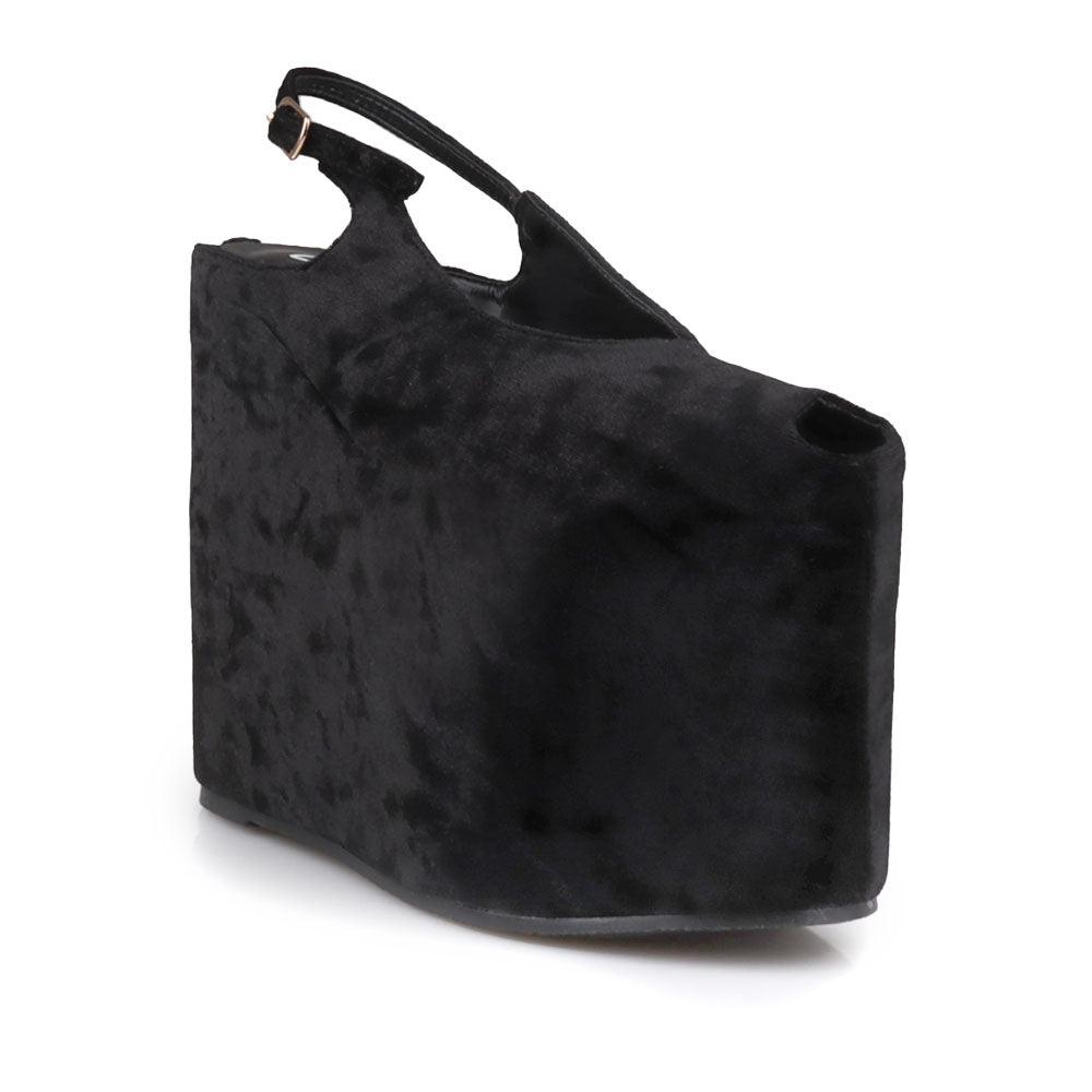 velvet black women platform with buckle on back - corner view