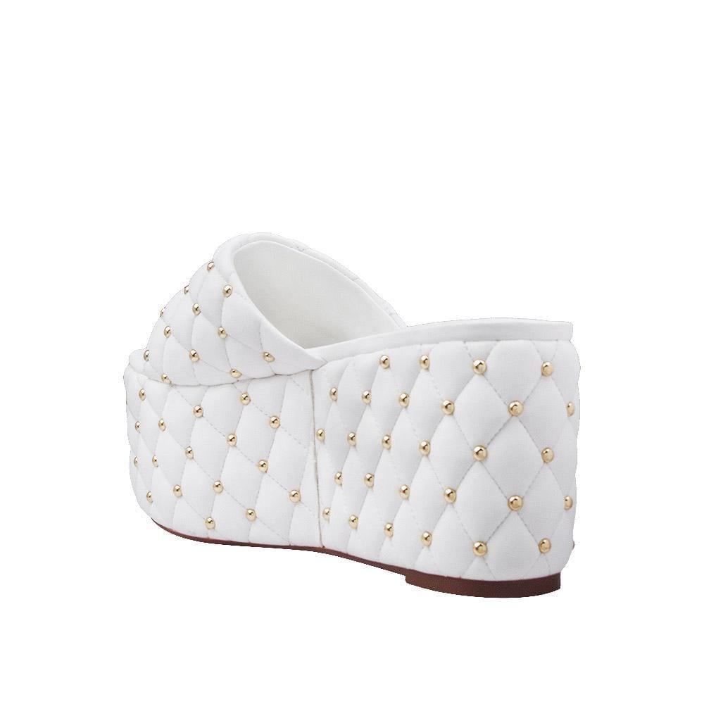 Women's platform shoes in white-color with metallic studs and slip on design-posterior view