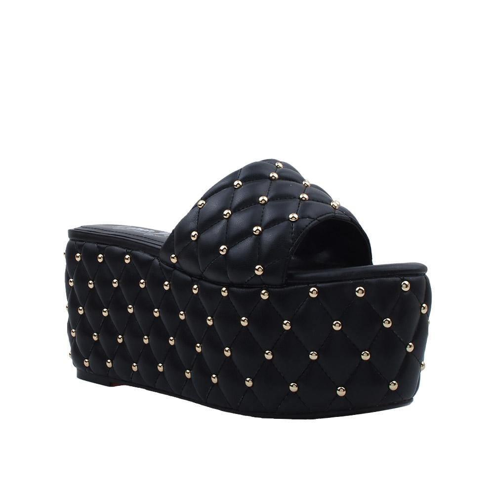 Black-colored open toed women's platform shoes with metallic studs and slip on style-corner view