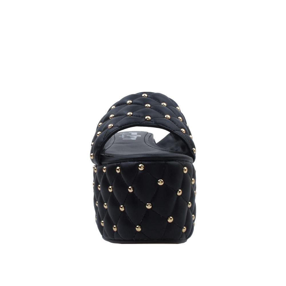 Black-colored open toed women's platform shoes with metallic studs and slip on style-front view