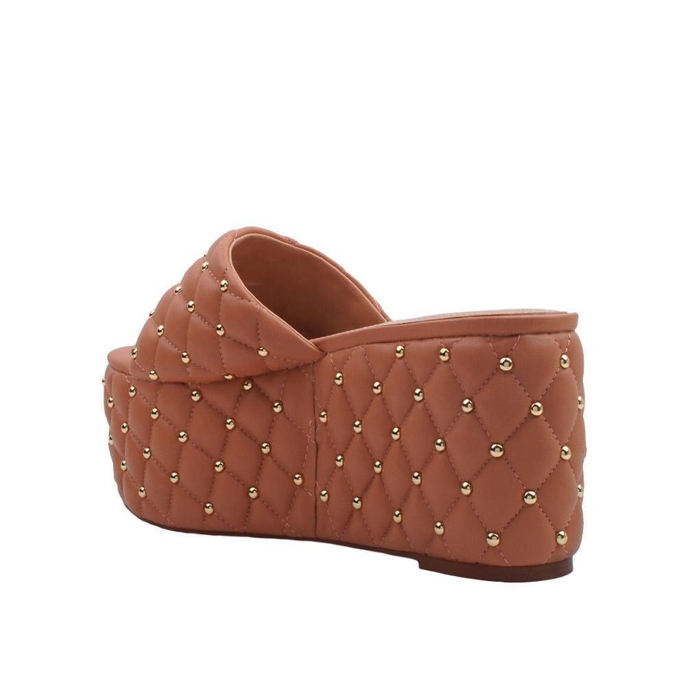 Women's tan-colored open-toed platform shoes with metallic studs and a slip-on design.-posterior view