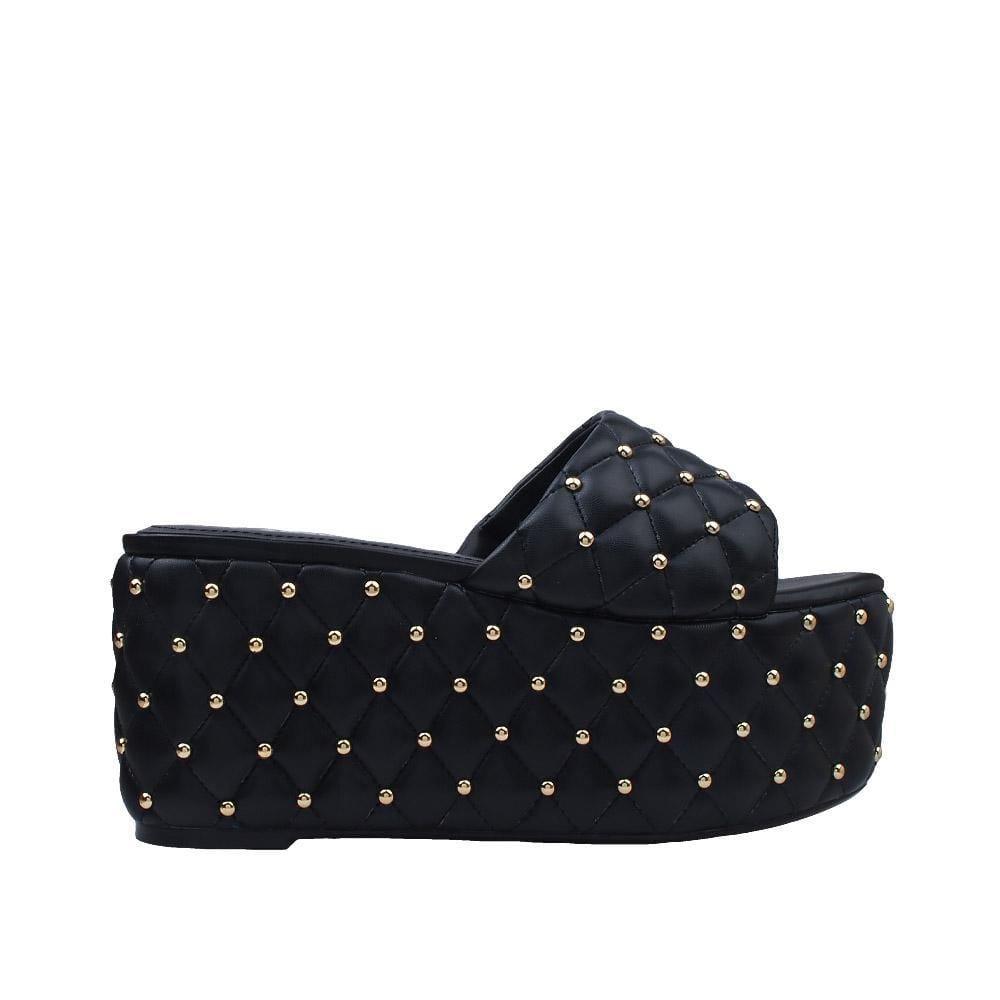 Black-colored open toed women's platform shoes with metallic studs and slip on style-sdie view