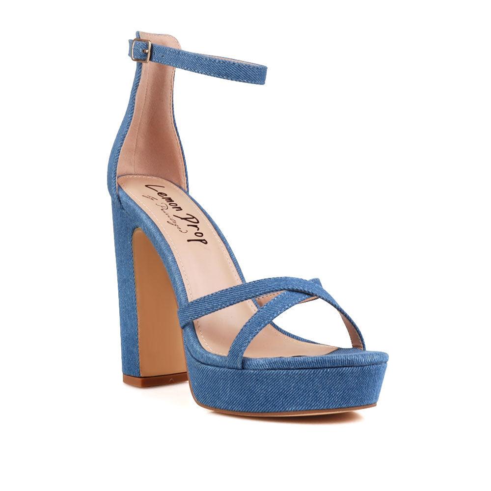 Denim platform heels with ankle buckle closure and open toe design - corner view