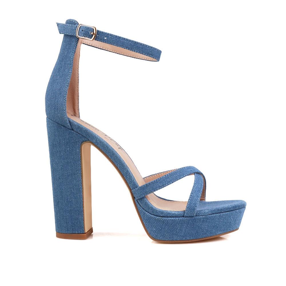 Denim platform heels with ankle buckle closure and open toe design - side view