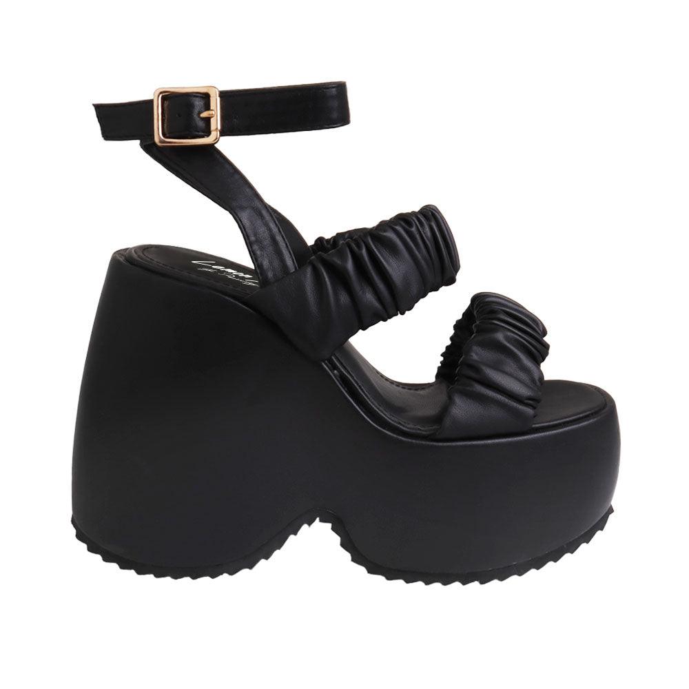 Black women's platform with stretchy upper-side view
