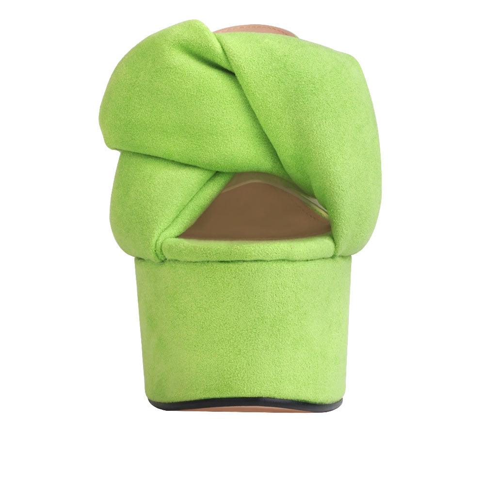 Lime colored fur women platforms-front view
