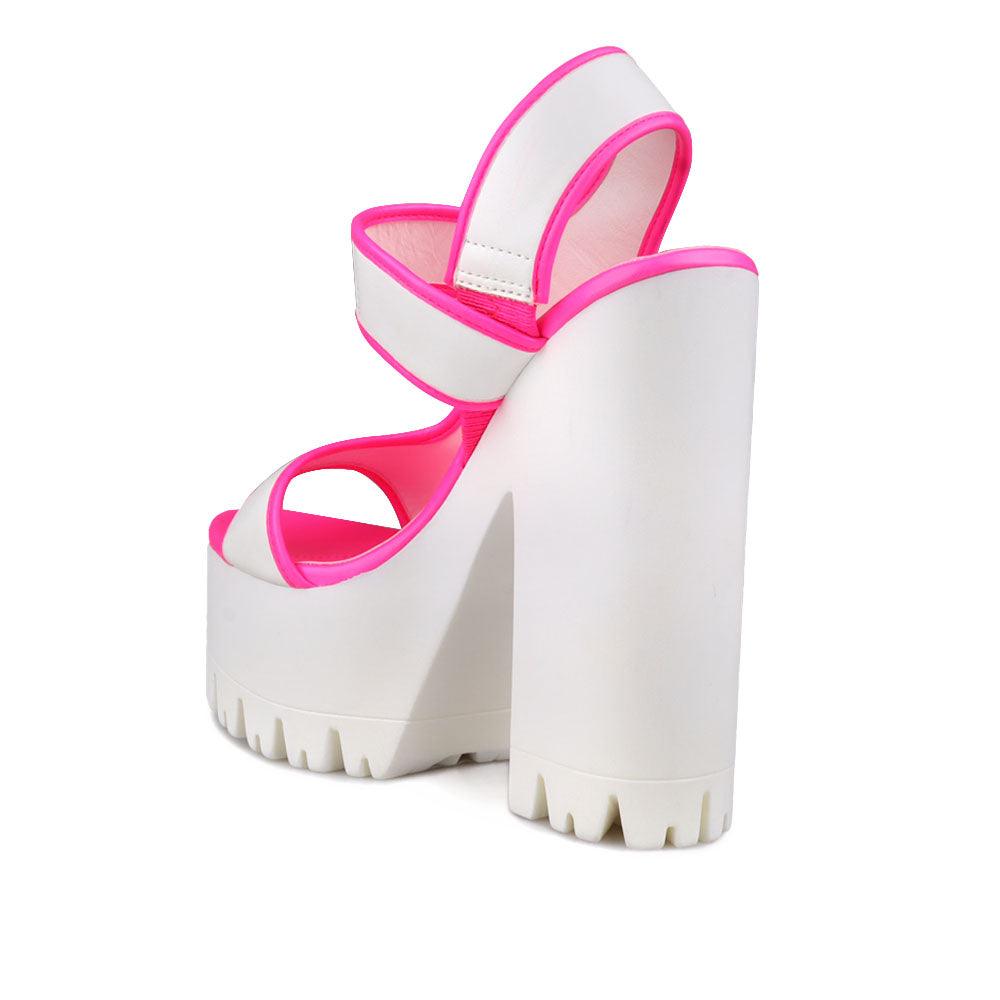 Pink and white women platform heels-side view-posterior view