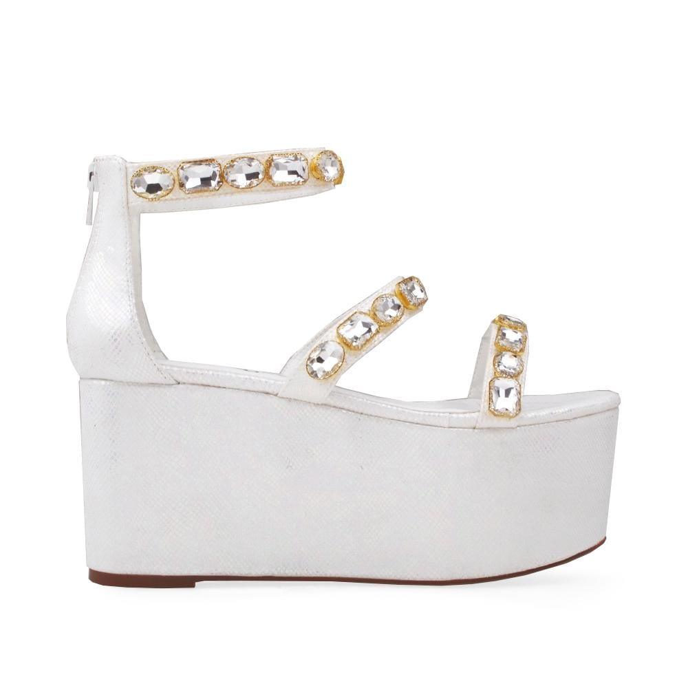 Platform shoes for women with rhinestone decoration and back zip clasp in white color