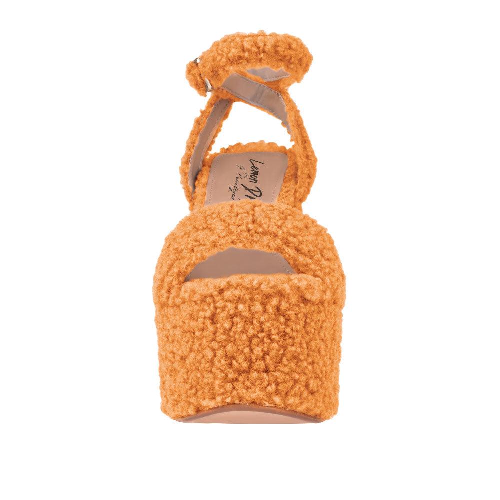 Coral shag covered women's platform heels-front view