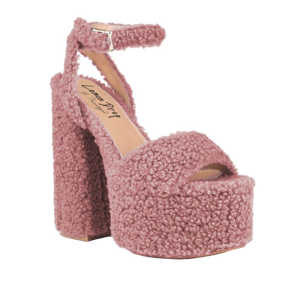 Blush shag covered women's platform heels-corner view