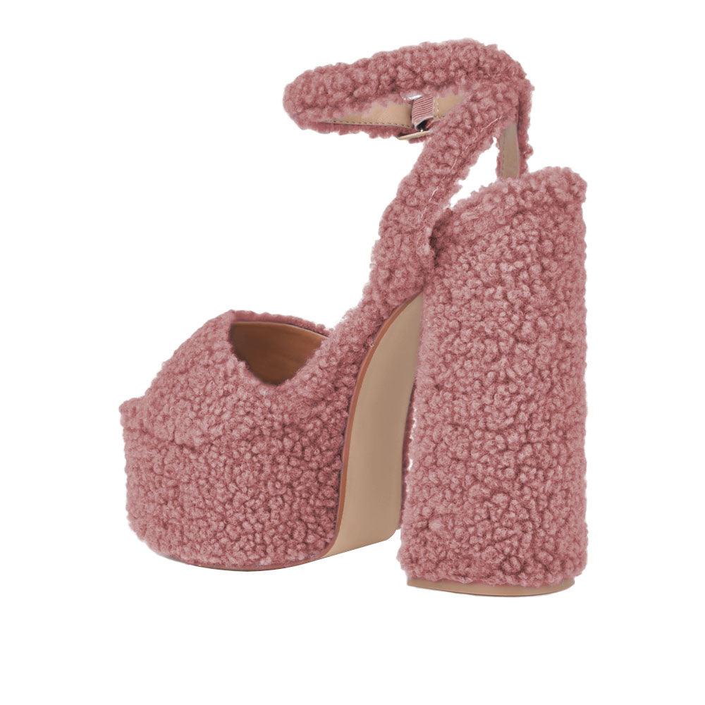Blush shag covered women's platform heels-posterior view