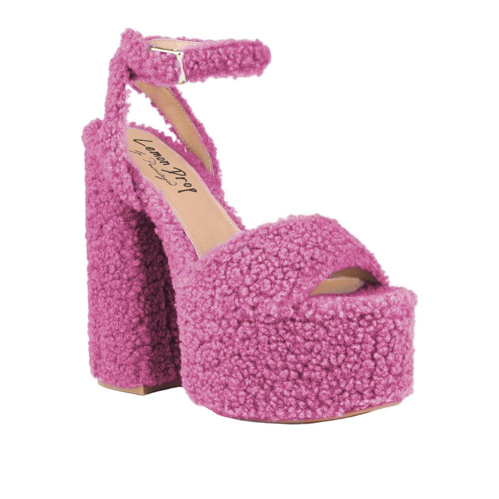 Fuchsia shag covered women's platform heels -corner view