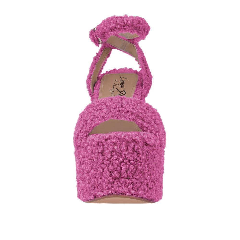 Fuchsia shag covered women's platform heels -front view