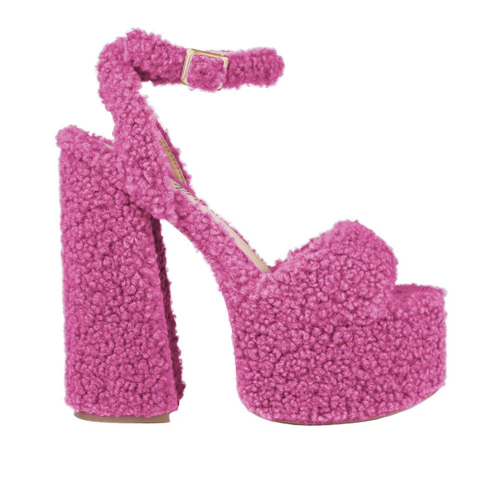 Fuchsia shag covered women's platform heels -side view