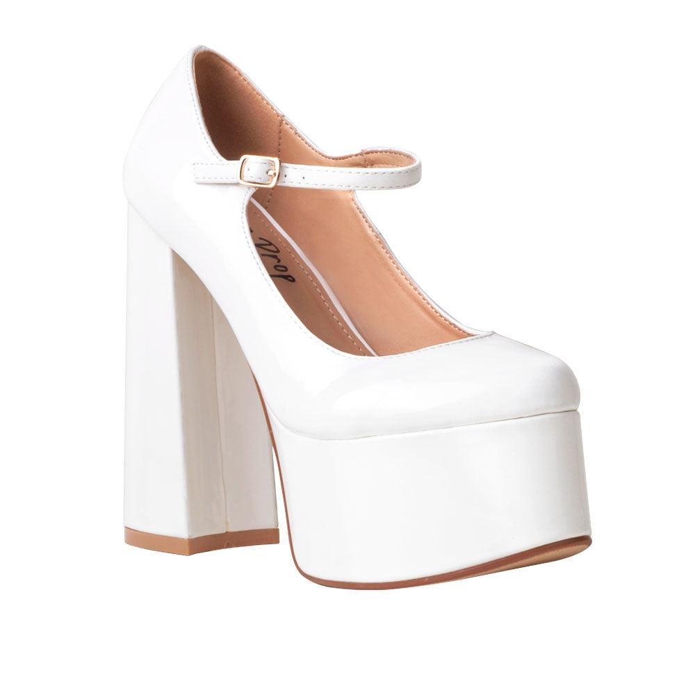 Leatherette women's platform square heel in white-corner view