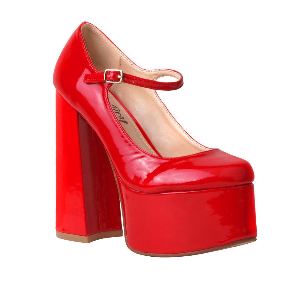 Leatherette women's platform square heel in red-corner view