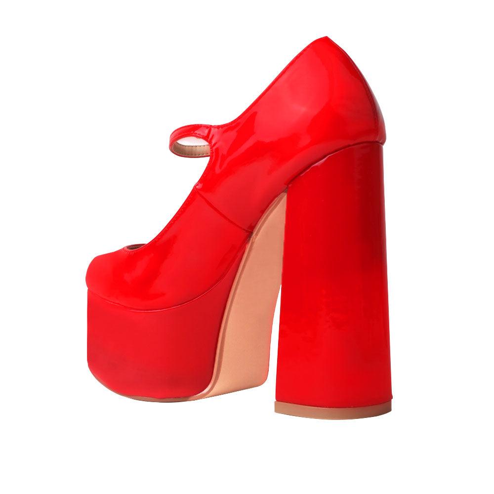 Leatherette women's platform square heel in red-posterior view