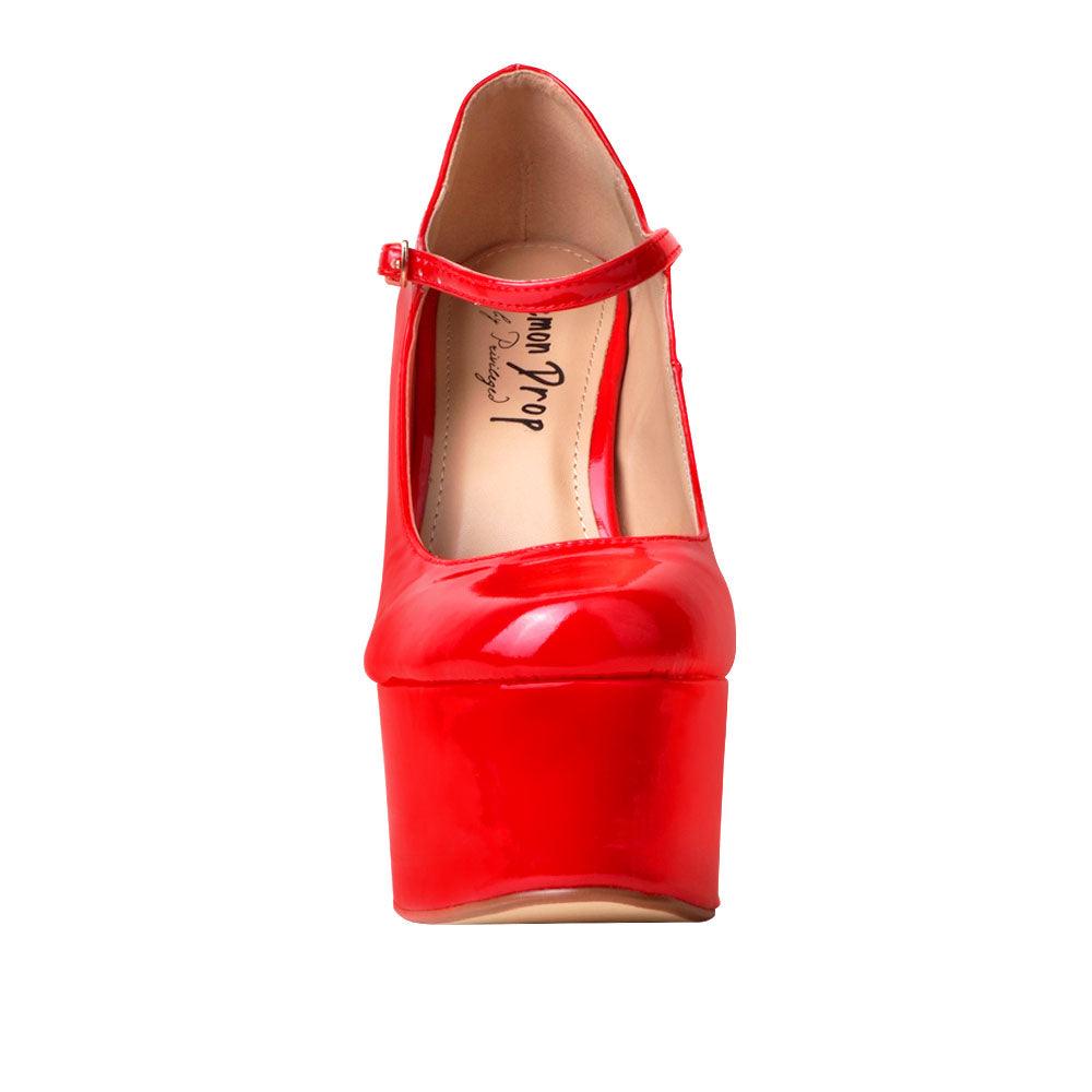Leatherette women's platform square heel in red-front view