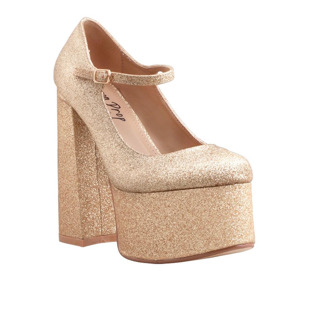 Leatherette women's platform square heel in glitter gold-corner view
