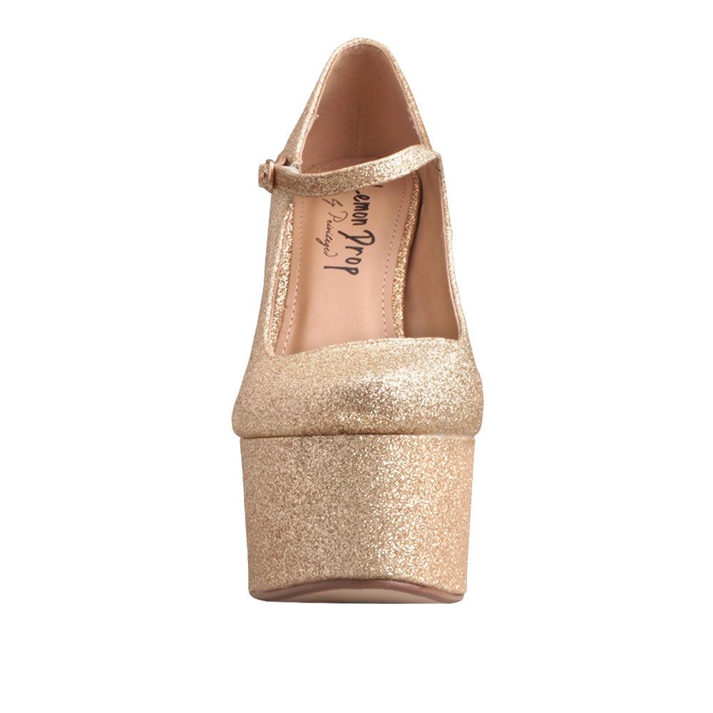 Leatherette women's platform square heel in glitter gold-front view