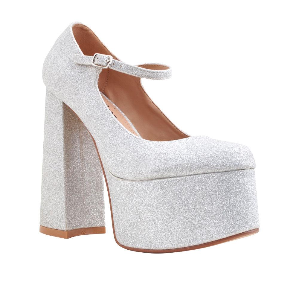 Leatherette women's platform square heel in glitter silver-corner view