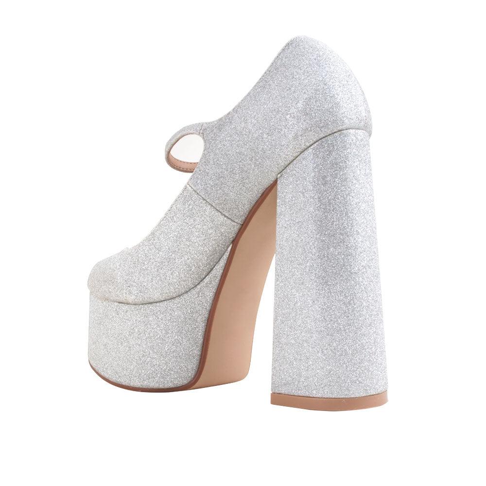 Leatherette women's platform square heel in glitter silver-posterior view