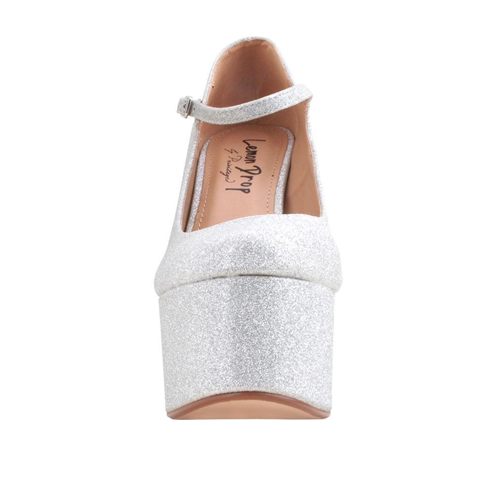 Leatherette women's platform square heel in glitter silver-front view