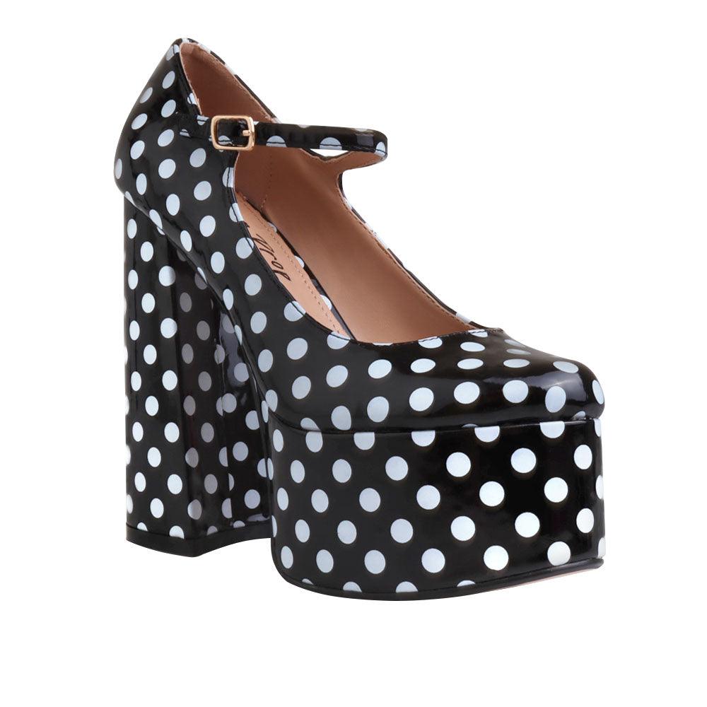 Leatherette women's platform square heel in black/white polka-corner view