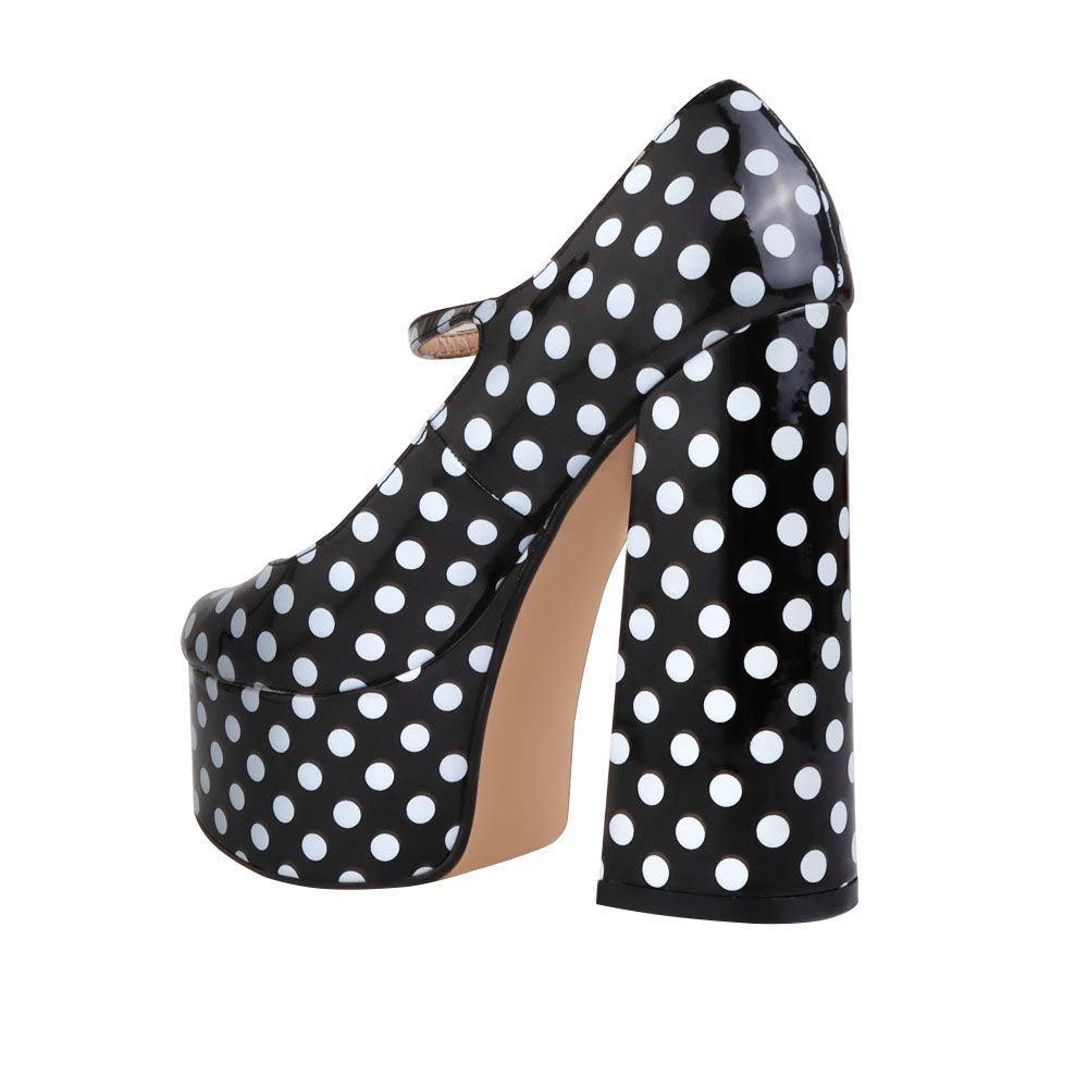 Leatherette women's platform square heel in black/white polka-posterior view
