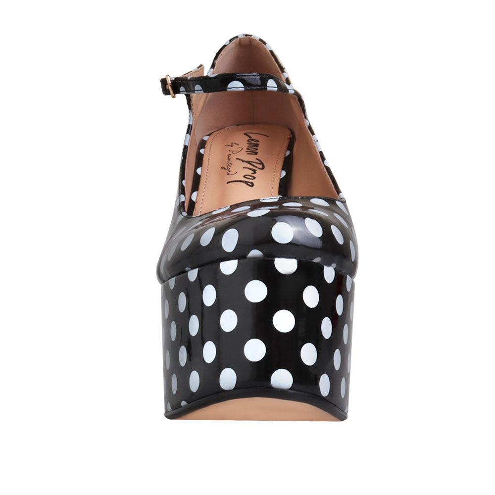 Leatherette women's platform square heel in black/white polka-front view