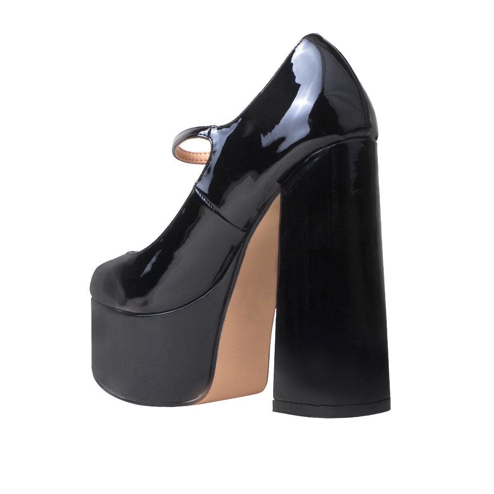 Leatherette women's platform square heel in black-posterior view