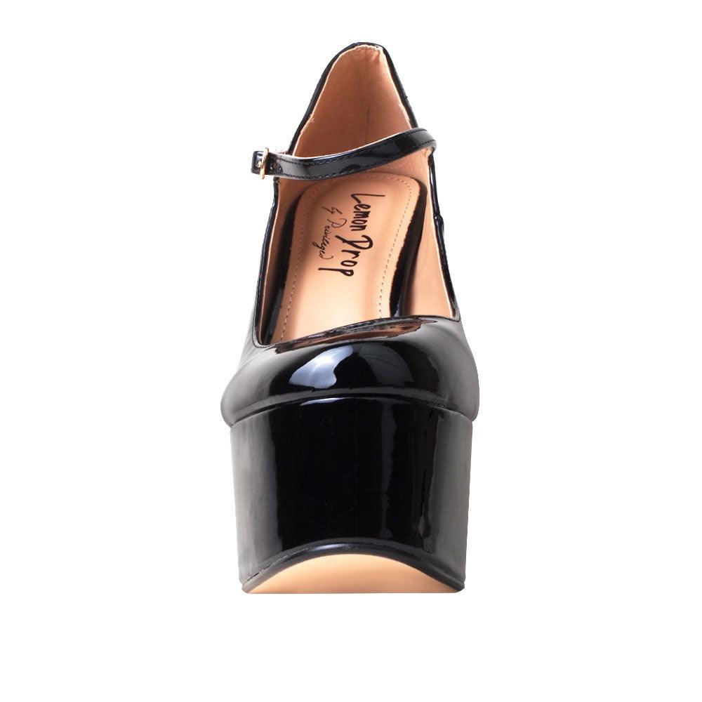 Leatherette women's platform square heel in black-front view