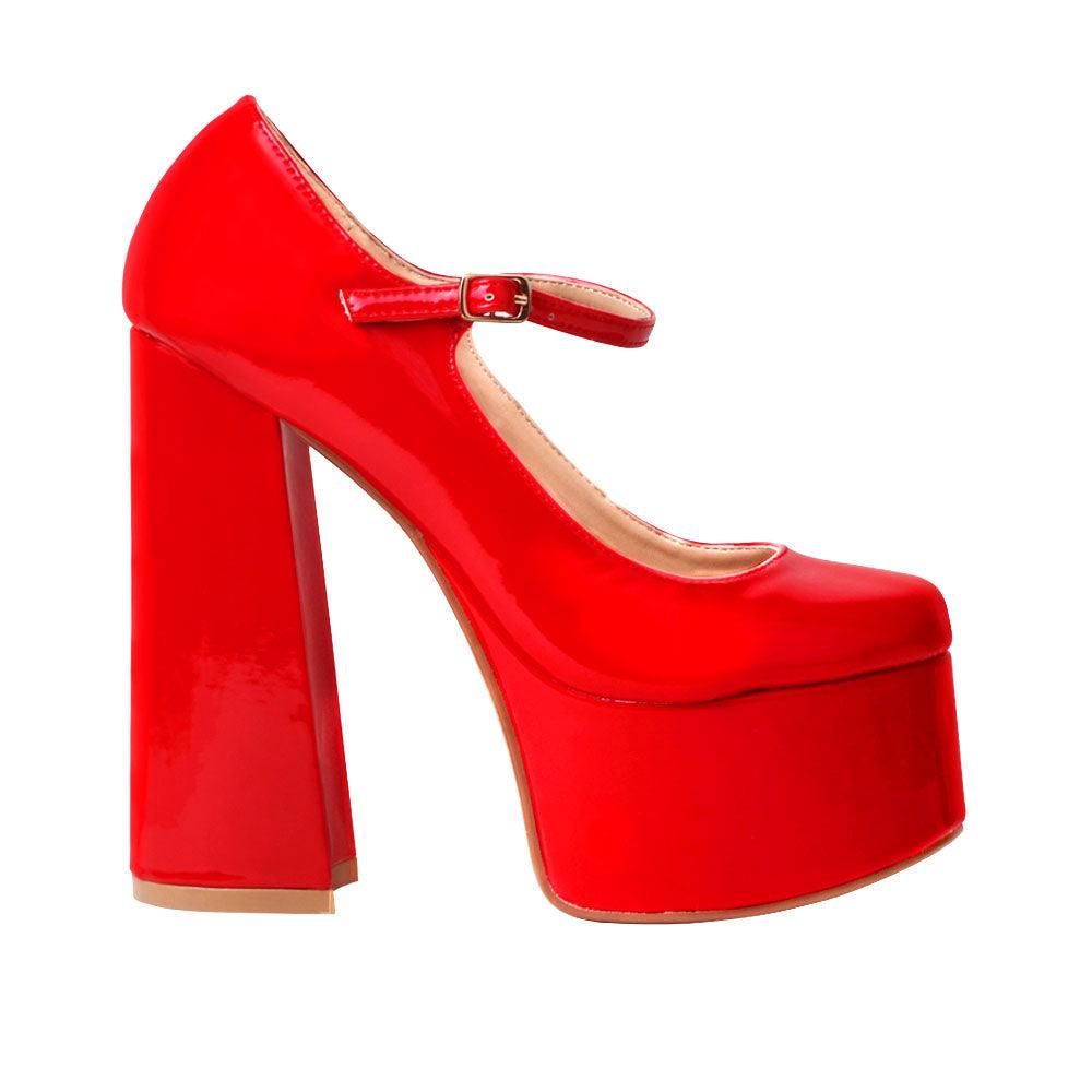 Leatherette women's platform square heel in red-side view