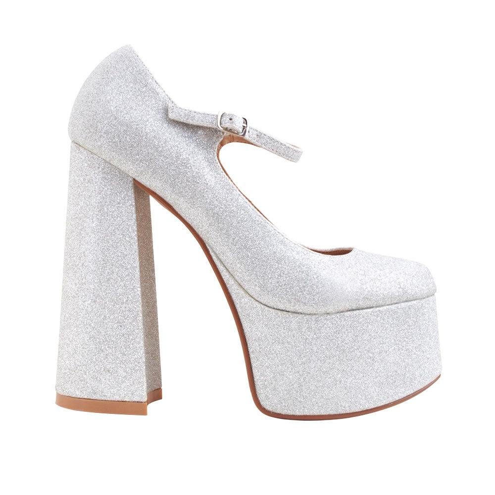 Leatherette women's platform square heel in glitter silver-side view