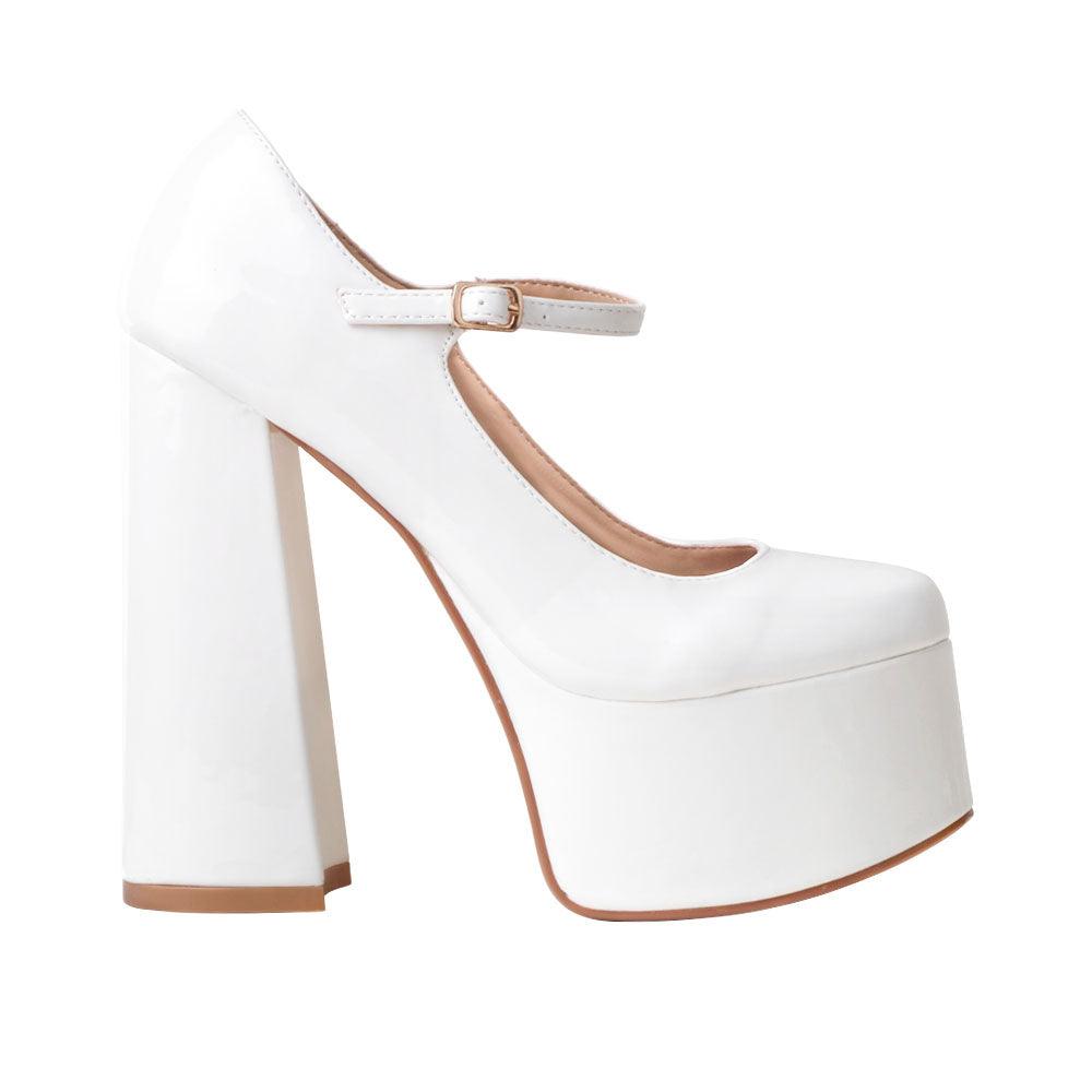 Leatherette women's platform square heel in white-side view