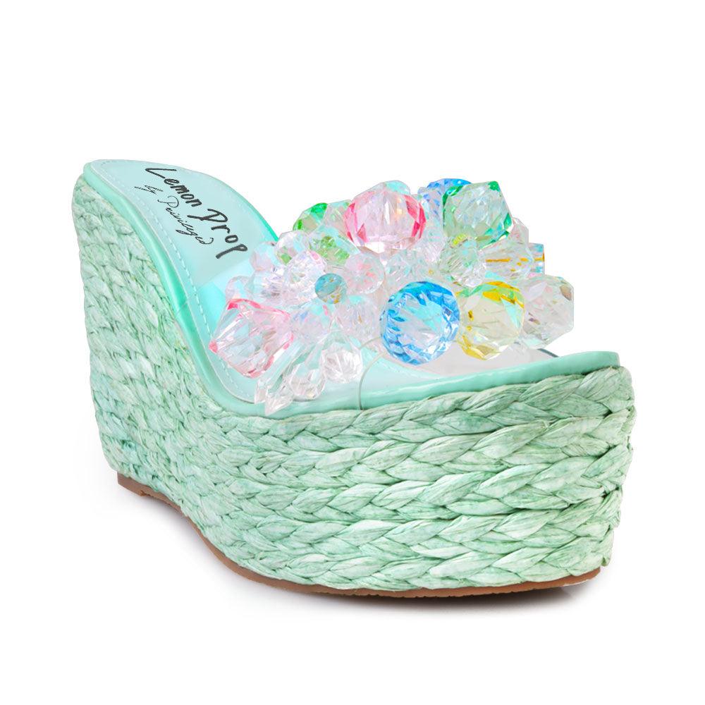 Clear vinyl upper with rhinestones women's slip on platform heel in mint-corner view