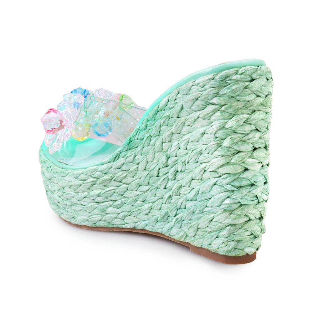 Clear vinyl upper with rhinestones women's slip on platform heel in mint-posterior view